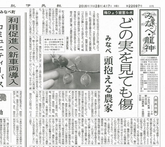 新聞記事ひょう被害2016.4.7